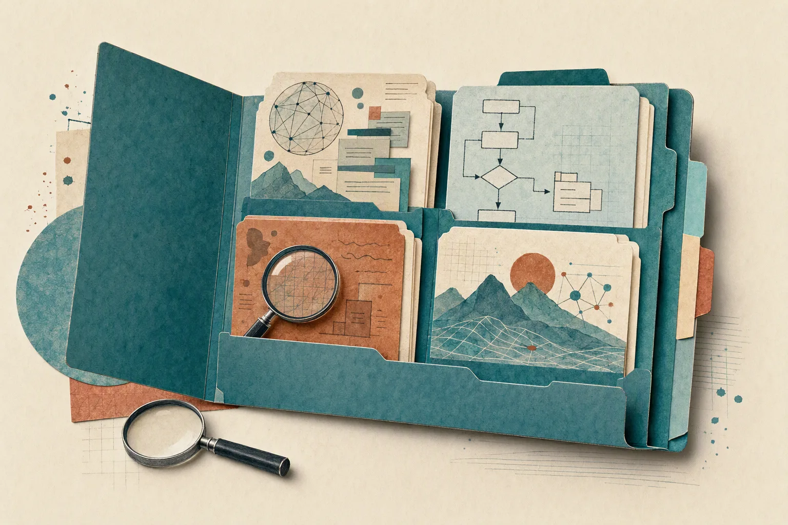 AI-generated illustration: a folder linking inputs, rules, reviews and outcomes.