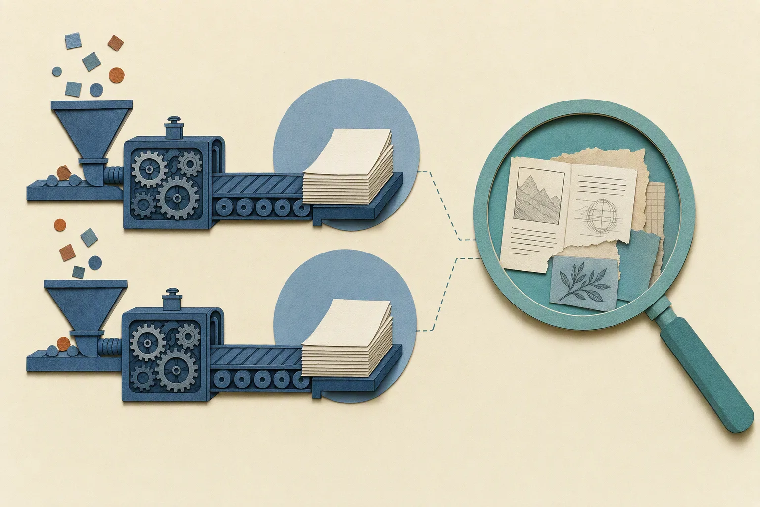 AI-generated illustration: repeated outputs beside a separate evidence check.